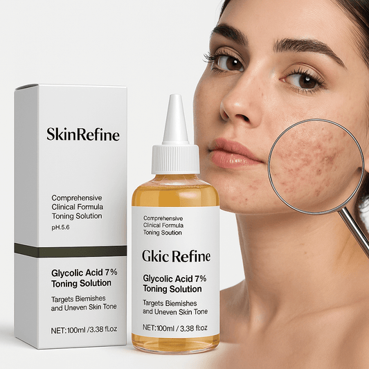 SkinRefine Glycolic Acid 7% Toning Solution in packaging, improving skin tone and targeting blemishes.