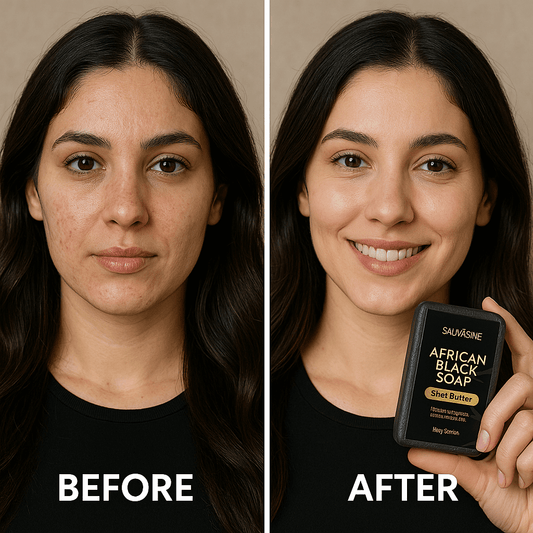 Before and after results of using African black soap for deep cleansing and acne treatment, showcasing clear skin improvement.